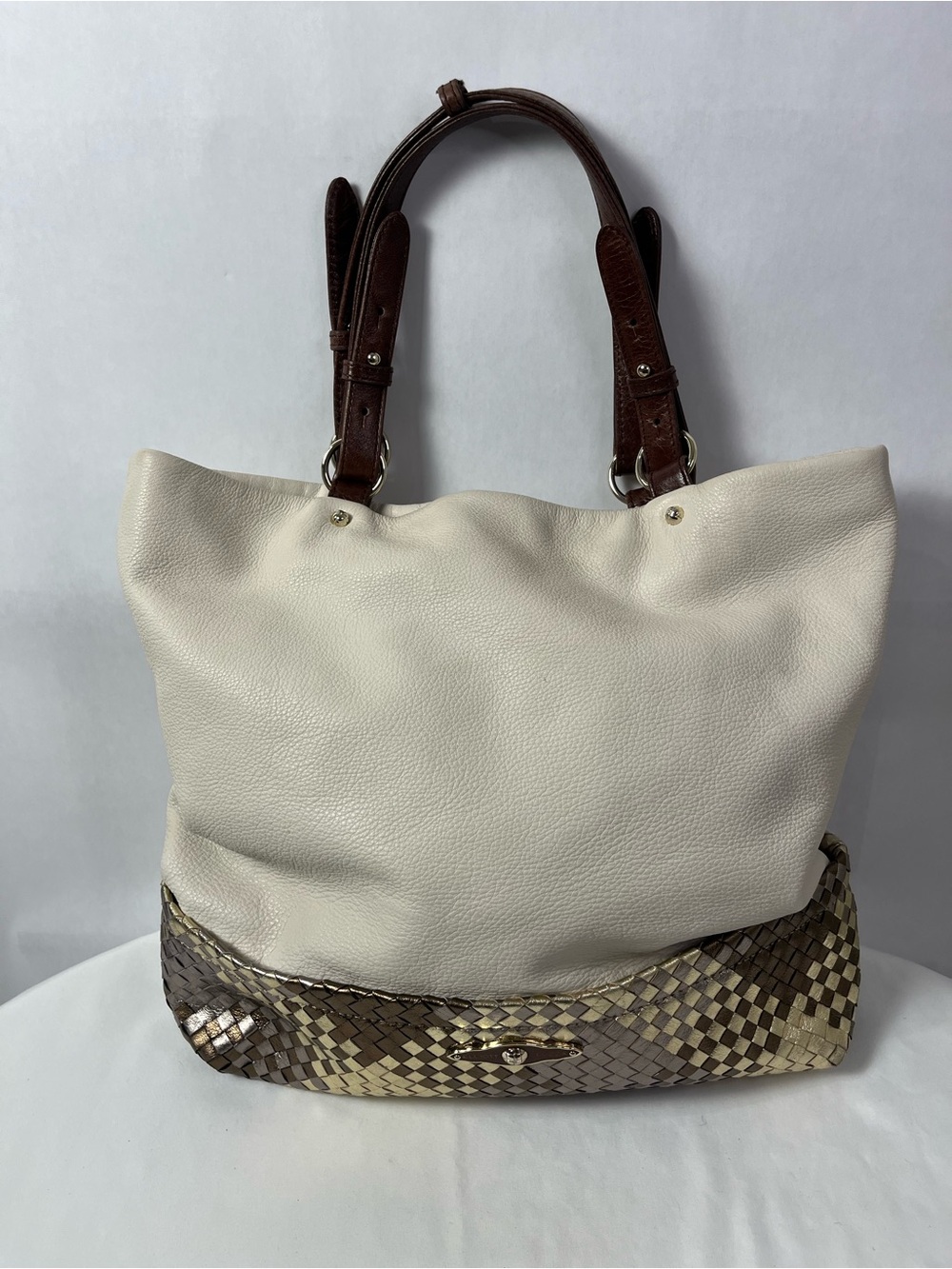 Elliot Lucca Pebbled Leather Cream and Brown Woven-Trim Tote Bag